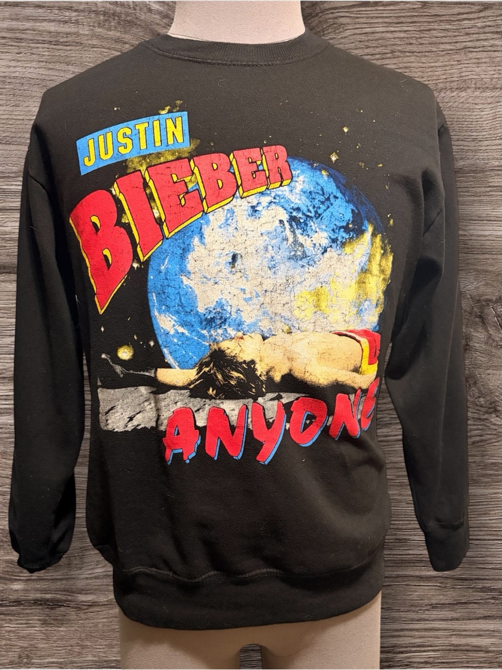 Justin Bieber Black Crewneck with Red and Blue Graphic Globe